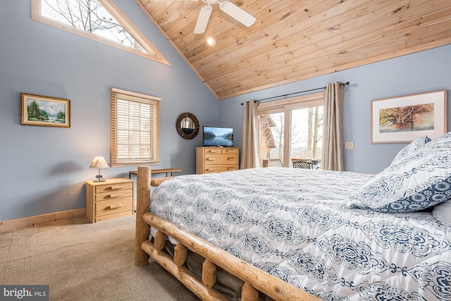 bedroom featuring ceiling fan, wooden ceiling, high vaulted ceiling, and carpet