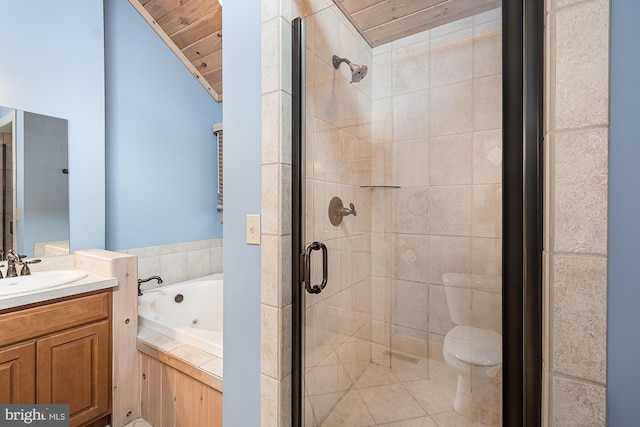 full bathroom with toilet, vanity, vaulted ceiling, and wooden ceiling