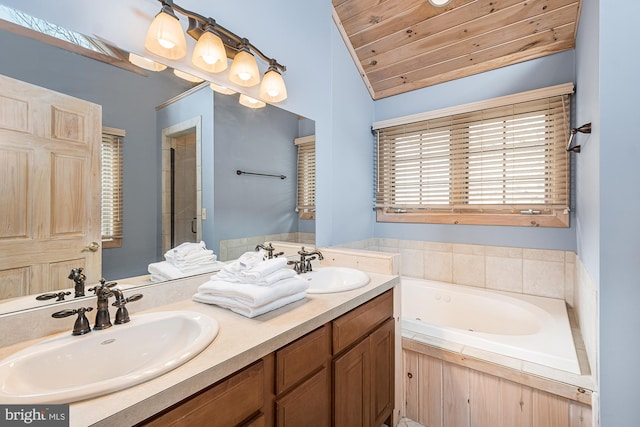 bathroom featuring lofted ceiling, dual vanity, wood ceiling, and separate shower and tub