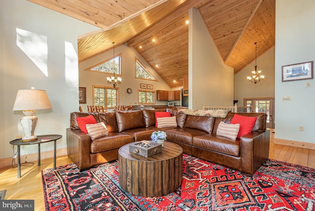 living room featuring wood ceiling, a chandelier, beam ceiling, high vaulted ceiling, and light hardwood / wood-style floors