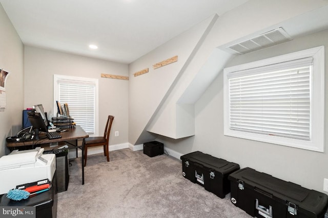 view of carpeted home office