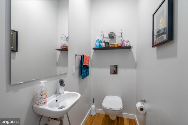 bathroom featuring toilet, sink, and wood-type flooring