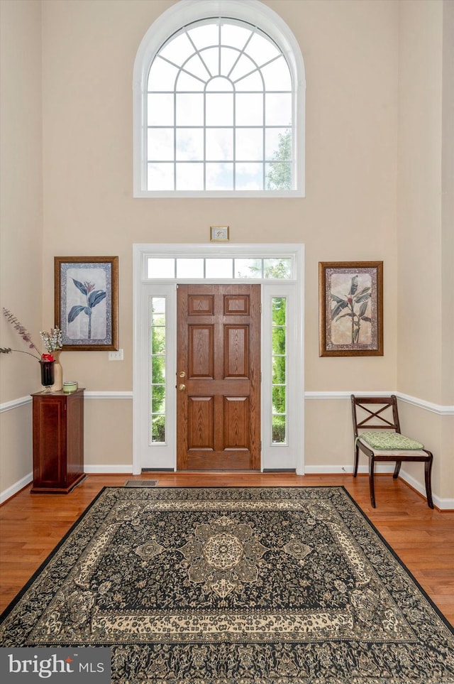 foyer entrance featuring wood-type flooring and a high ceiling