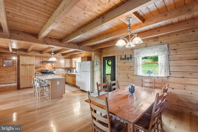 dining space with wooden ceiling, beamed ceiling, wooden walls, and light wood-type flooring