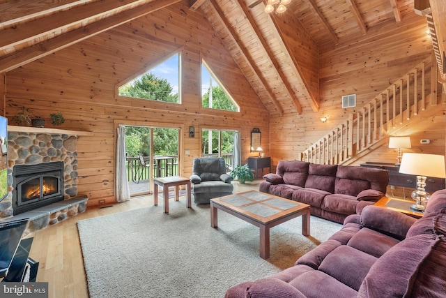 living room featuring beam ceiling, wooden ceiling, high vaulted ceiling, and wood walls