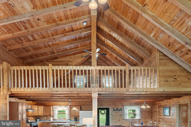 interior space featuring beam ceiling, ceiling fan, wood walls, stove, and wood ceiling