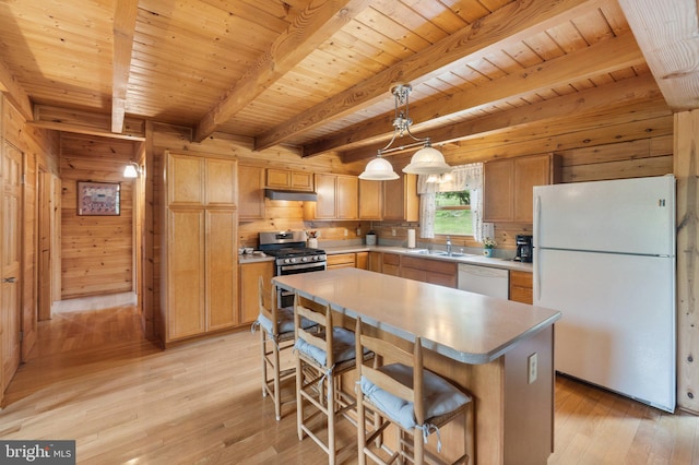 kitchen with wooden ceiling, decorative light fixtures, white appliances, and light hardwood / wood-style floors