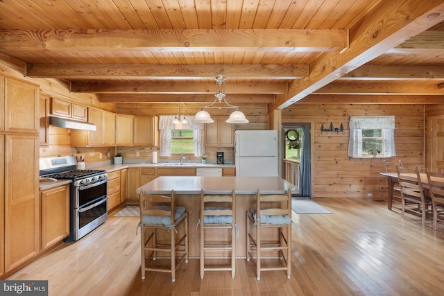 kitchen featuring beamed ceiling, white appliances, wood ceiling, and light hardwood / wood-style floors