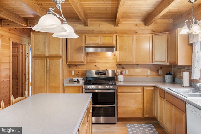 kitchen with wooden ceiling, wooden walls, light hardwood / wood-style floors, beam ceiling, and stainless steel range with gas stovetop