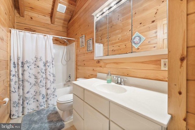 full bathroom with toilet, wood walls, wooden ceiling, shower / bathtub combination with curtain, and vanity