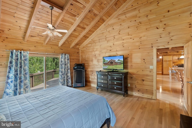 bedroom with wood walls, light wood-type flooring, access to outside, and beamed ceiling