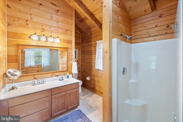 bathroom featuring hardwood / wood-style floors, lofted ceiling with beams, wooden walls, and wood ceiling