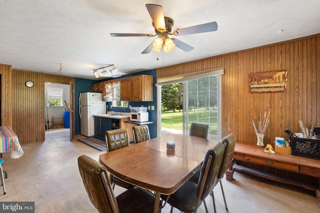 dining area featuring ceiling fan, wooden walls, track lighting, and a healthy amount of sunlight