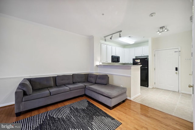 tiled living room featuring ornamental molding and rail lighting