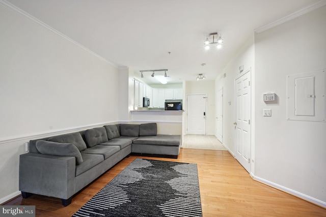 living room featuring rail lighting, crown molding, light wood-type flooring, and electric panel