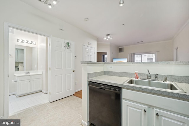 kitchen featuring ornamental molding, white cabinetry, sink, black dishwasher, and light tile patterned flooring