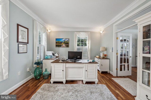 home office featuring dark wood-type flooring and ornamental molding