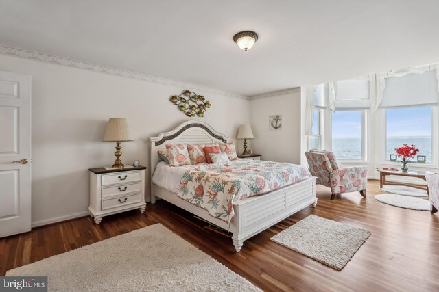 bedroom with a water view and wood-type flooring