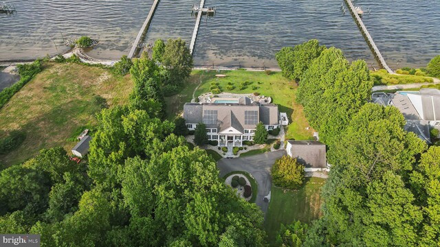 aerial view featuring a water view