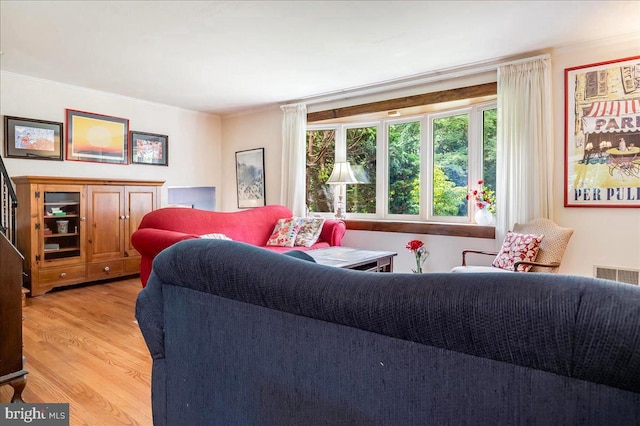 living room with crown molding and light hardwood / wood-style flooring