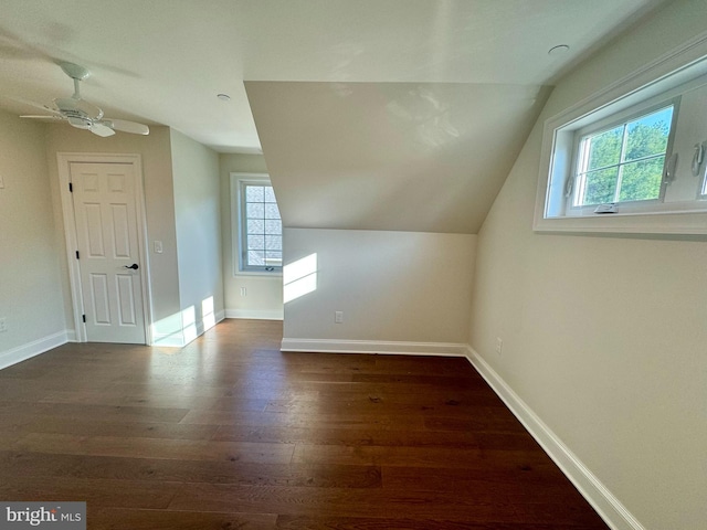 additional living space with dark wood-type flooring, a healthy amount of sunlight, and lofted ceiling