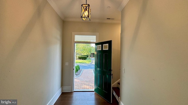 foyer entrance featuring ornamental molding and dark hardwood / wood-style floors