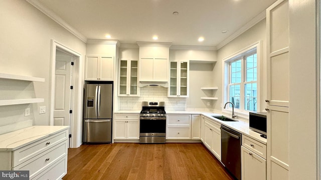 kitchen featuring dark hardwood / wood-style floors, crown molding, sink, and appliances with stainless steel finishes