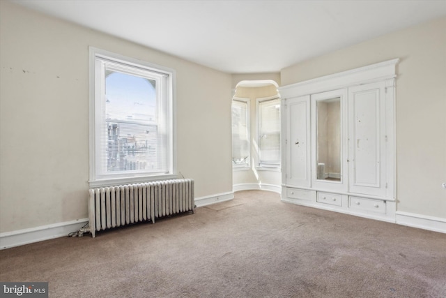 interior space with light carpet and radiator