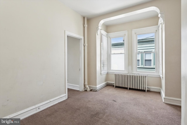 carpeted empty room featuring a wealth of natural light and radiator