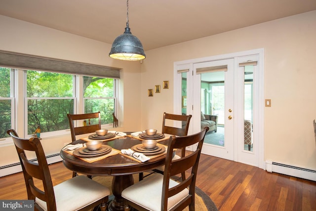 dining area with a baseboard radiator, french doors, and dark hardwood / wood-style floors