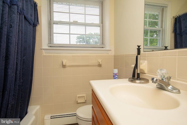 full bathroom featuring a baseboard radiator, tile walls, toilet, vanity, and tasteful backsplash