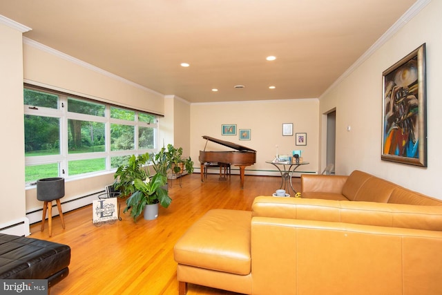 living room with a baseboard radiator, light wood-type flooring, and crown molding