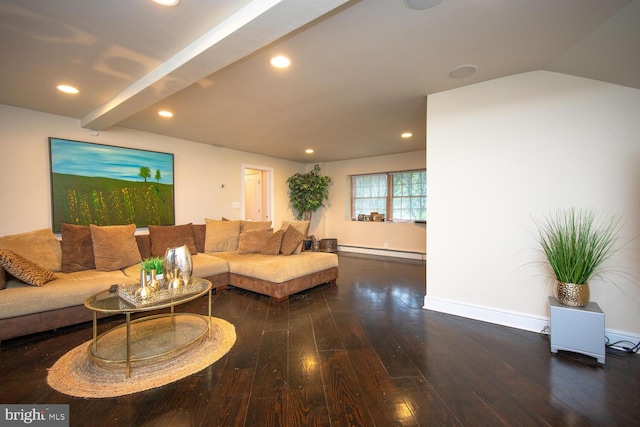 living room with vaulted ceiling with beams, a baseboard radiator, and hardwood / wood-style floors