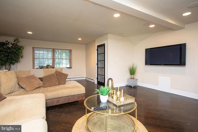 living room featuring beamed ceiling, a baseboard radiator, and hardwood / wood-style flooring