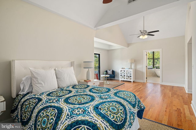 bedroom featuring high vaulted ceiling, ceiling fan, and wood-type flooring