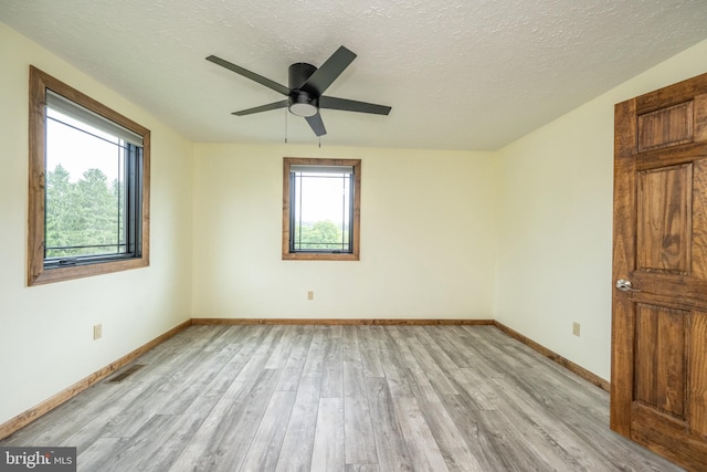 spare room featuring light wood-type flooring, a textured ceiling, and a healthy amount of sunlight