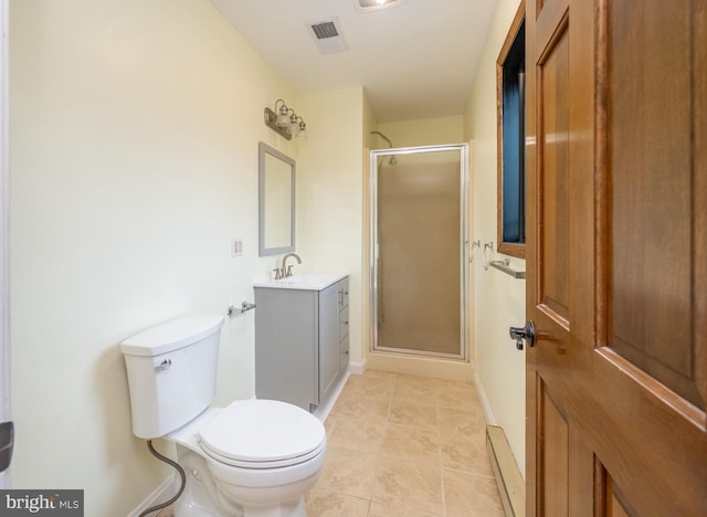 bathroom featuring tile patterned flooring, toilet, vanity, and a shower with shower door