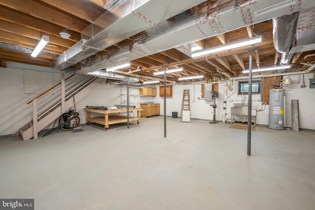 basement with sink and water heater