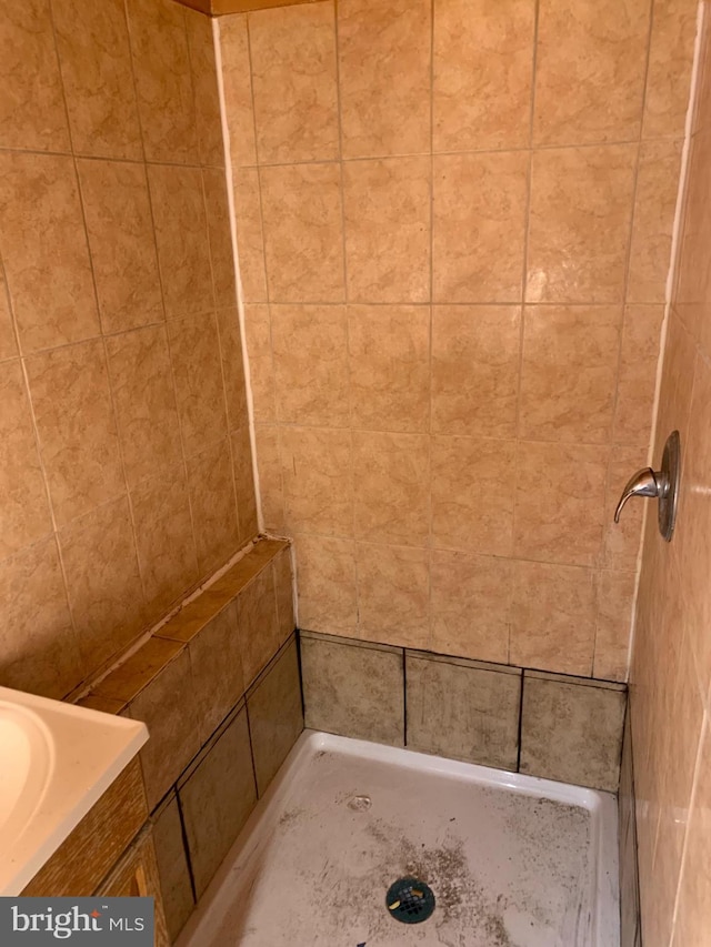 bathroom with a tile shower and vanity