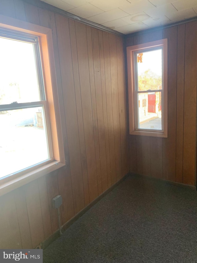 unfurnished room featuring wood walls and dark colored carpet