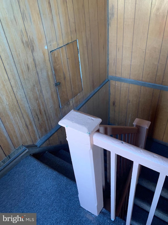 stairs featuring wooden walls