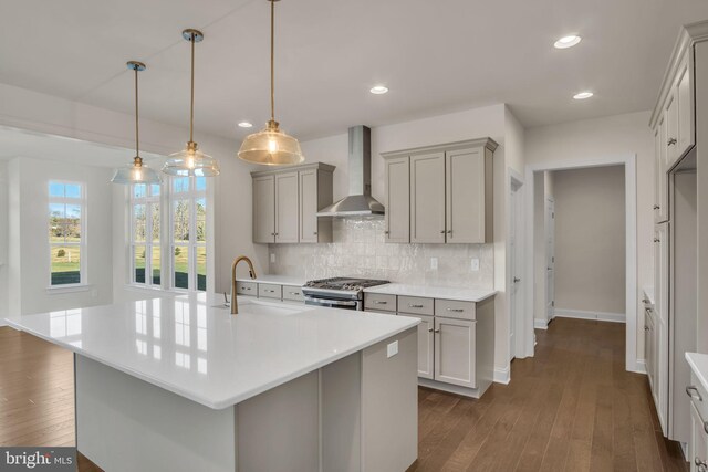 kitchen featuring pendant lighting, an island with sink, sink, stainless steel appliances, and wall chimney range hood