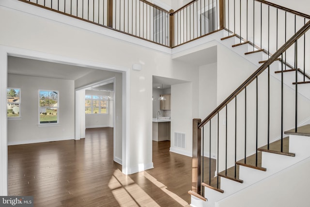 foyer with a towering ceiling, dark hardwood / wood-style flooring, and sink