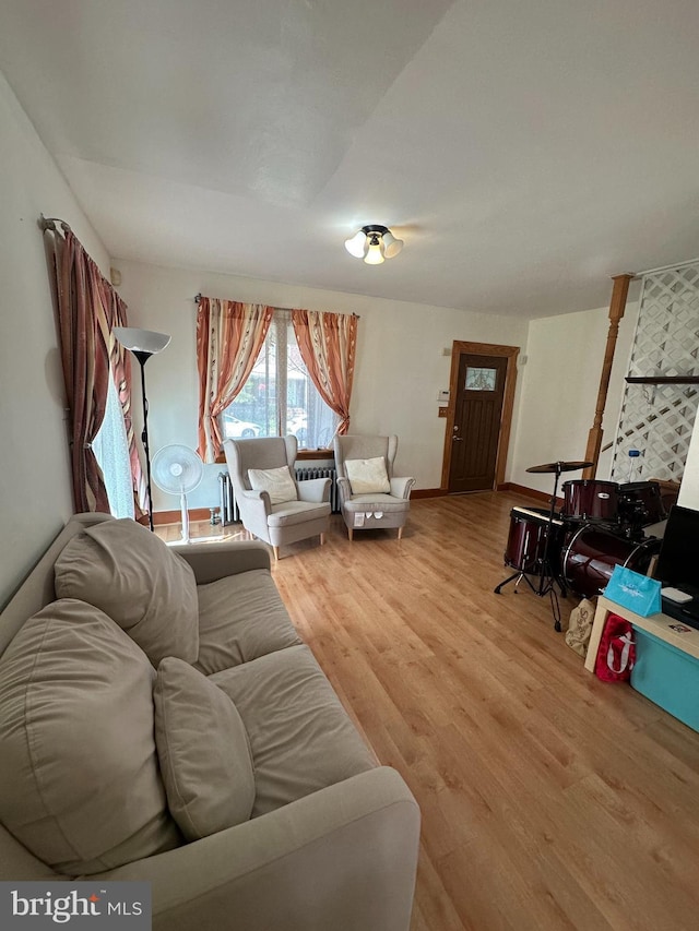 living room with light wood-style flooring and baseboards
