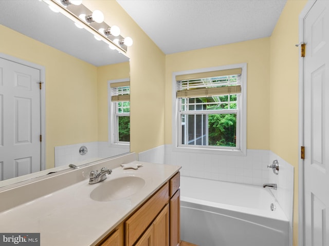 bathroom with a bathing tub, vanity, and a textured ceiling