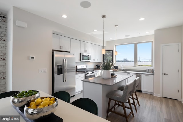 kitchen featuring stainless steel appliances, light hardwood / wood-style floors, and white cabinetry