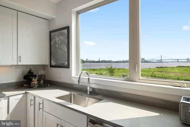 kitchen featuring backsplash, white cabinets, plenty of natural light, and sink