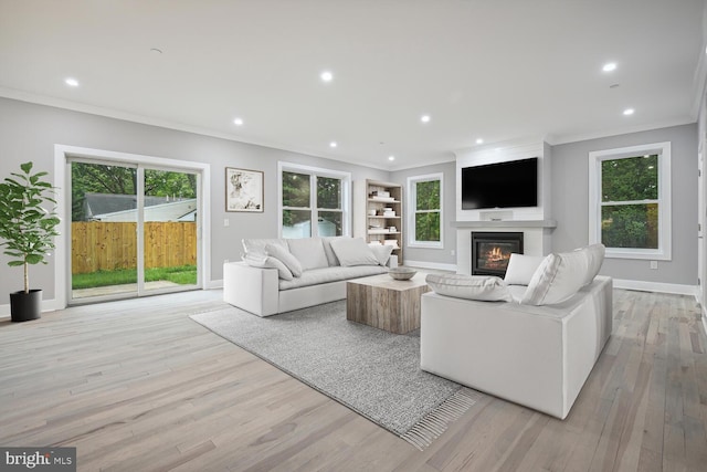 living room with ornamental molding, a wealth of natural light, and light hardwood / wood-style flooring