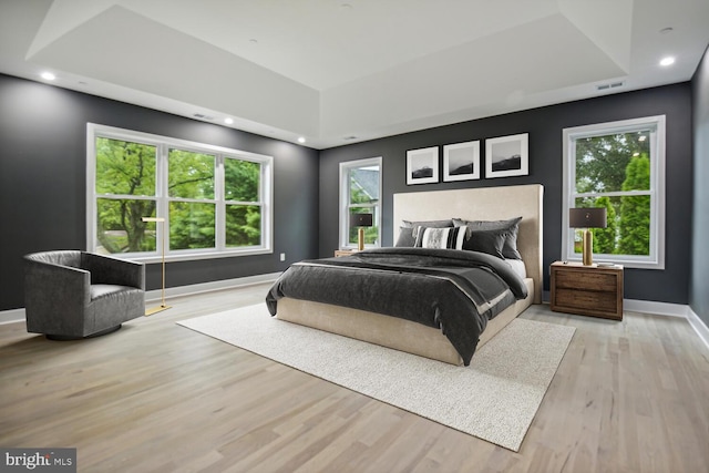 bedroom featuring light hardwood / wood-style flooring and a raised ceiling