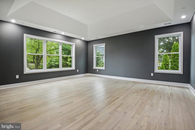 unfurnished room featuring light hardwood / wood-style flooring and a tray ceiling